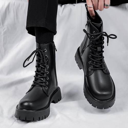 ECTOR HARDEN马丁靴男秋冬新款八孔拉炼英伦风长筒皮鞋工装机车靴