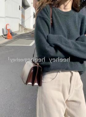 IT UNDER GARDEN 浣熊绒圆领套头毛衣女秋冬季宽松外穿墨绿色针织