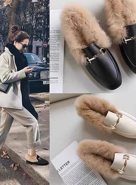 英国DHWA毛毛鞋女2025年新款兔毛加绒内增高秋冬季外穿懒人女