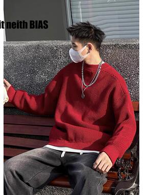 it neith BIAS秋冬港风复古假两件红色圆领毛衣男休闲百搭针织衫