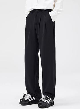 香港潮牌黑色休闲西裤男秋季新款宽松垂坠感直筒裤高端男士西装裤