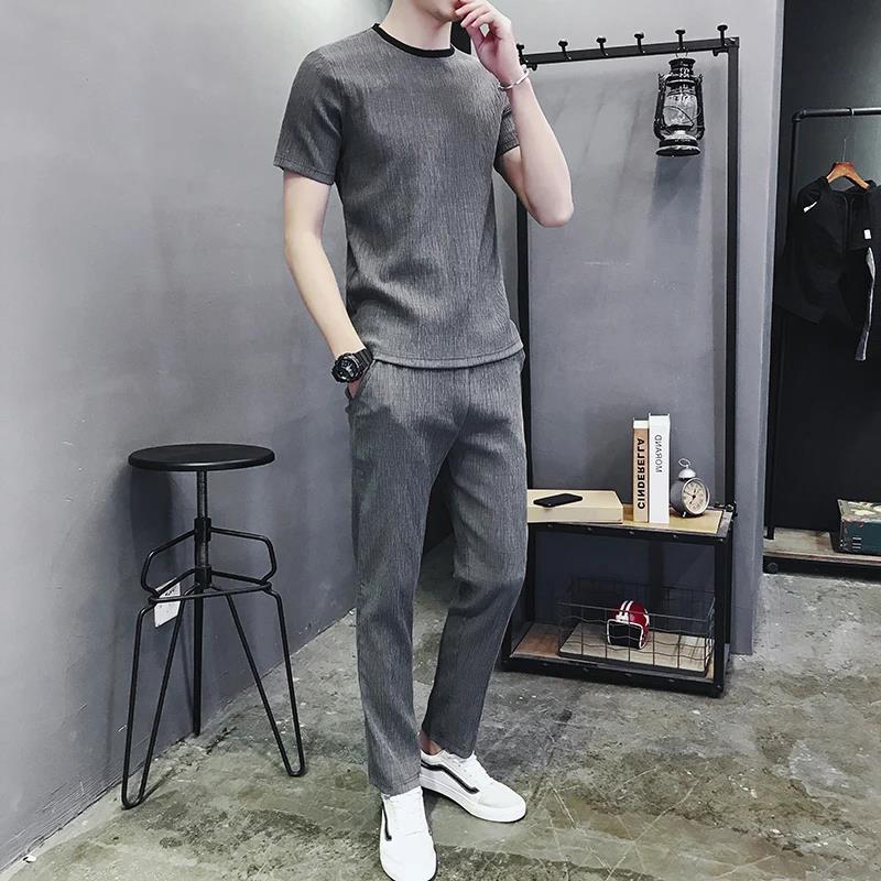 亚麻t恤套装男夏季薄款修身短袖休闲运动冰丝九分裤男士两件套薄