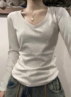 韩国灰色V领纯棉打底衫女2025秋冬新款内搭长袖t恤修身基础款上衣