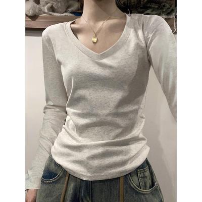 韩国灰色V领纯棉打底衫女2025秋冬新款内搭长袖t恤修身基础款上衣