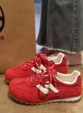 英国真皮红色德训鞋女款秋季2025新款厚底增高阿甘鞋休闲运动板鞋