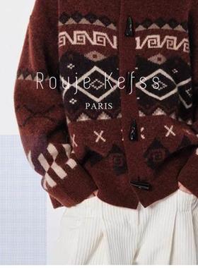 Rouje kefss法式费尔岛提花牛角扣毛衣外套女秋冬慵懒针织开衫厚
