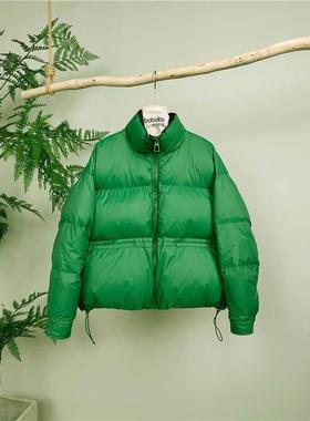 香港90羽绒服女绿色短外套2024秋冬款立领白鸭绒面包服小个子加厚