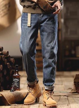 it Afternnaths潮牌美式复古牛仔裤男秋冬加绒水洗宽松直筒休闲裤