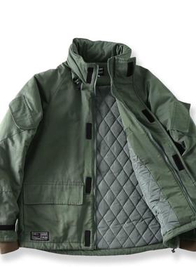 2024秋季复古工装棉衣撞色拼接立领外套 多口袋宽松休闲绿色男装