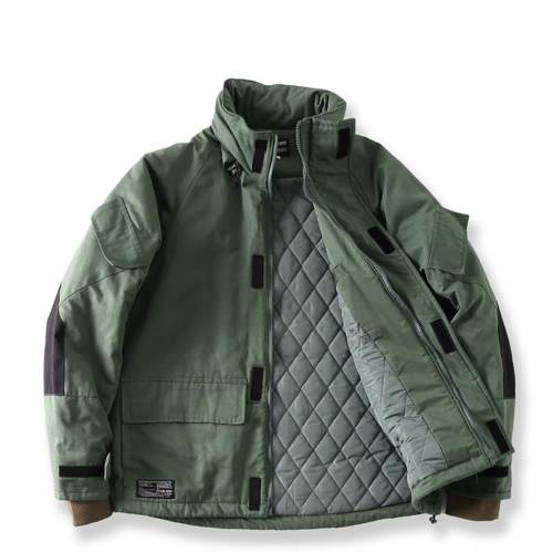 2024秋季复古工装棉衣撞色拼接立领外套 多口袋宽松休闲绿色男装