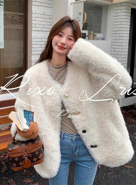 RIXO LRIS米白色皮毛一体羊羔毛外套2025冬新款小个子毛茸茸上衣