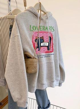 灰色连帽套头女式运动衫2024秋冬新款慵懒风格猫印花宽松长袖连帽
