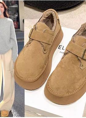 英国DHWA厚底加绒勃肯鞋女秋冬季乐福鞋博肯棉鞋子雪地靴