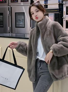 Chlenady灰色雷克斯兔皮衣女士短高端小香味风格加厚羔羊毛冬季上