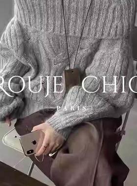 法国rouje chic一字领灰色露肩毛衣女秋冬季麻花慵懒风软糯针织衫