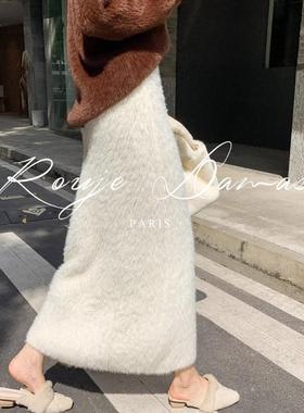 Rouje Damas水貂绒针织半身裙女冬季修身显瘦加厚保暖直筒包臀裙