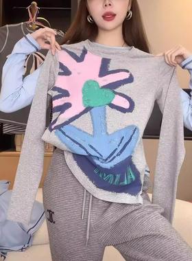 JOMGNE郁金香印花长袖T恤女2025秋冬新款休闲时尚百搭显瘦打底衫