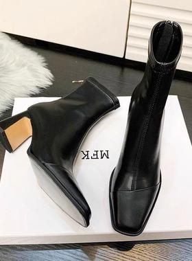 Craes Kally 洋派时髦！法式方头高跟短靴女秋冬季粗跟弹力瘦瘦靴