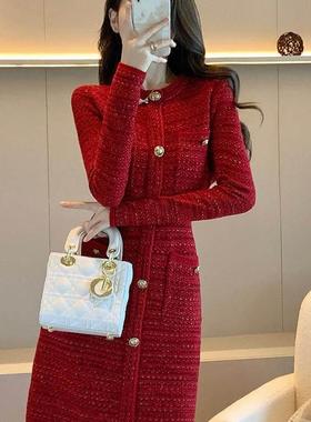 欧洲站秋冬新款小香风红色针织洋装本命年新年战 袍洋派内搭裙子