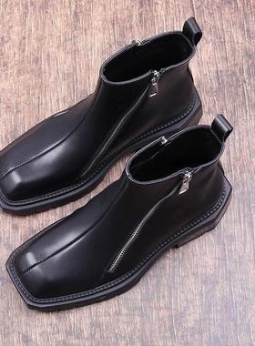 马丁靴男款高帮夏季透气2025新款方头休闲皮鞋男士中帮切尔西靴子