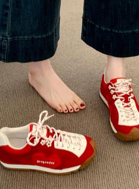 香港真皮红色德训鞋女秋季2025新款厚底阿甘鞋软底休闲运动跑步鞋