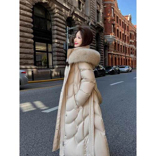 bebe judy~鹅绒羽绒服大毛领外套女冬季新款中长款过膝收腰加厚暖