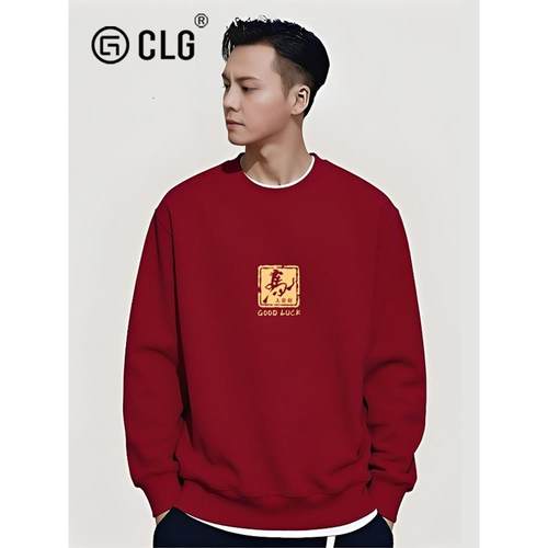 香港CLG潮牌红色本命圆领重磅纯棉卫衣秋冬加绒加厚上衣宽松外套