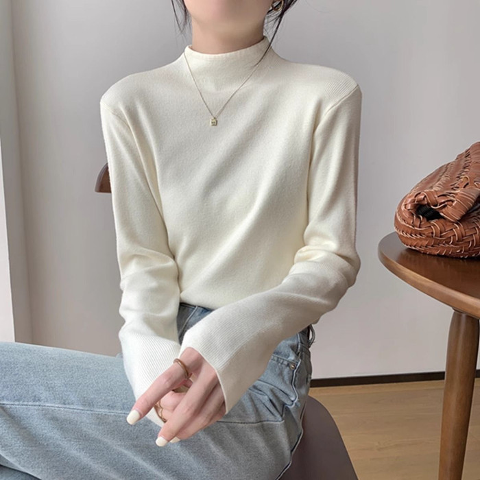 레트로 솔리드 컬러 기모 하프 터틀넥 바닥 셔츠 가을 겨울 새로운 슬림 피트 벨벳 두꺼운 따뜻한 긴팔 탑