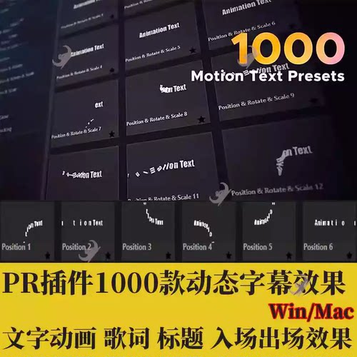 PR插件1000款动态字幕效果文字动画MV歌词视频标题入场出场预设