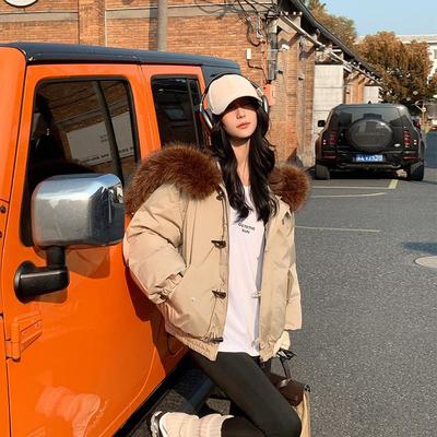 2025新款跨境羽绒棉服女大毛领棉衣牛角扣派克服冬季大码夹克外套