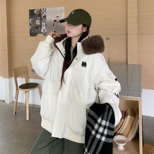 粉色韩系宽松显瘦工装羽绒棉服女2025冬新款设计感情侣加厚派克服
