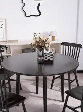 中古家用吃饭实木餐桌黑色简约圆形茶桌中式原木多人洽谈餐厅饭桌