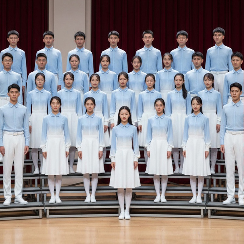 成人教师初高中学生蓝色爱国大合唱团朗诵演讲比赛演出服装女礼服
