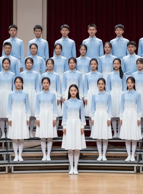 成人教师初高中学生蓝色爱国大合唱团朗诵演讲比赛演出服装女礼服