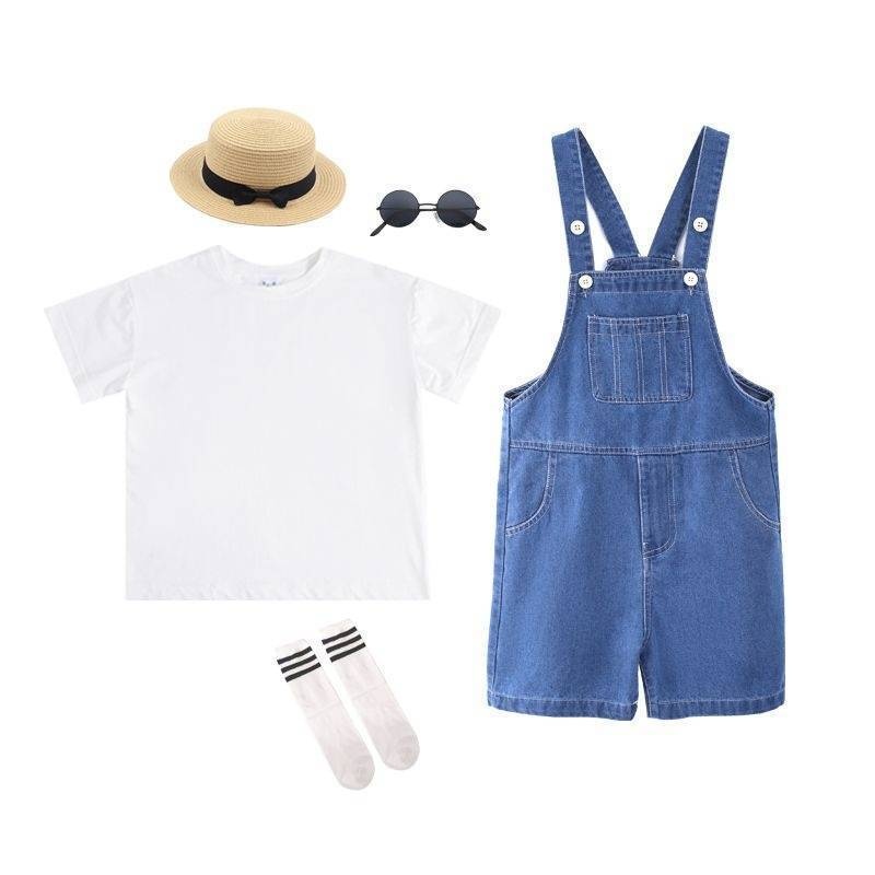 男女童幼儿园毕业拍照儿童牛仔背带短裤套装六一舞蹈表演出服夏季