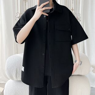 大碼 男夏季 短袖 新款 寬松潮流休閑帥氣簡約襯衣男五分袖 襯衫 工裝