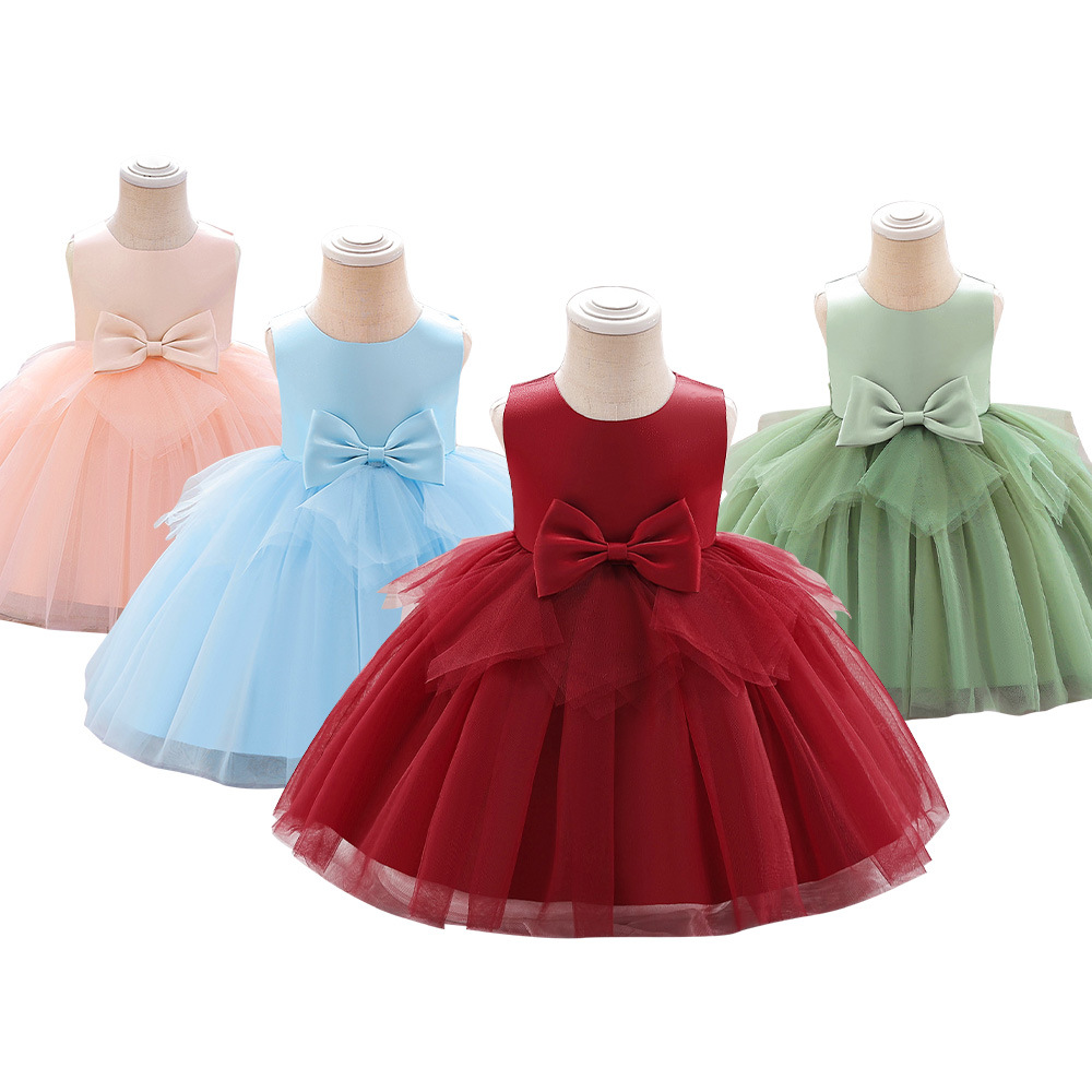 children dress 外贸儿童礼服纯色公主裙不规则网纱蝴蝶结连衣裙