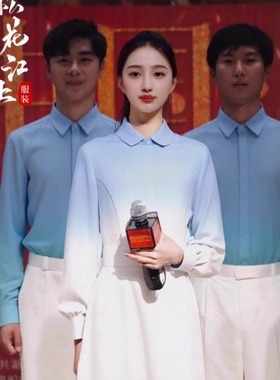 成人教师初高中学生蓝色爱国松花江上合唱朗诵比赛演出服装女礼服