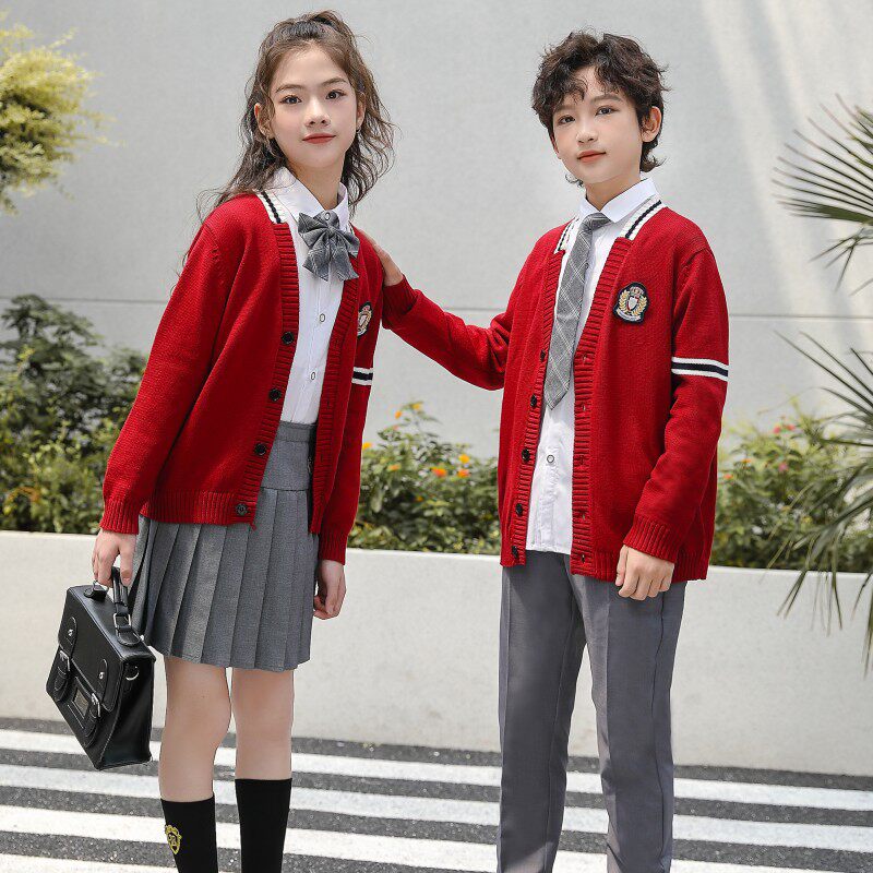 中小学生校服班服英伦风加厚毛衣幼儿园园服秋冬季酒红色开衫套装