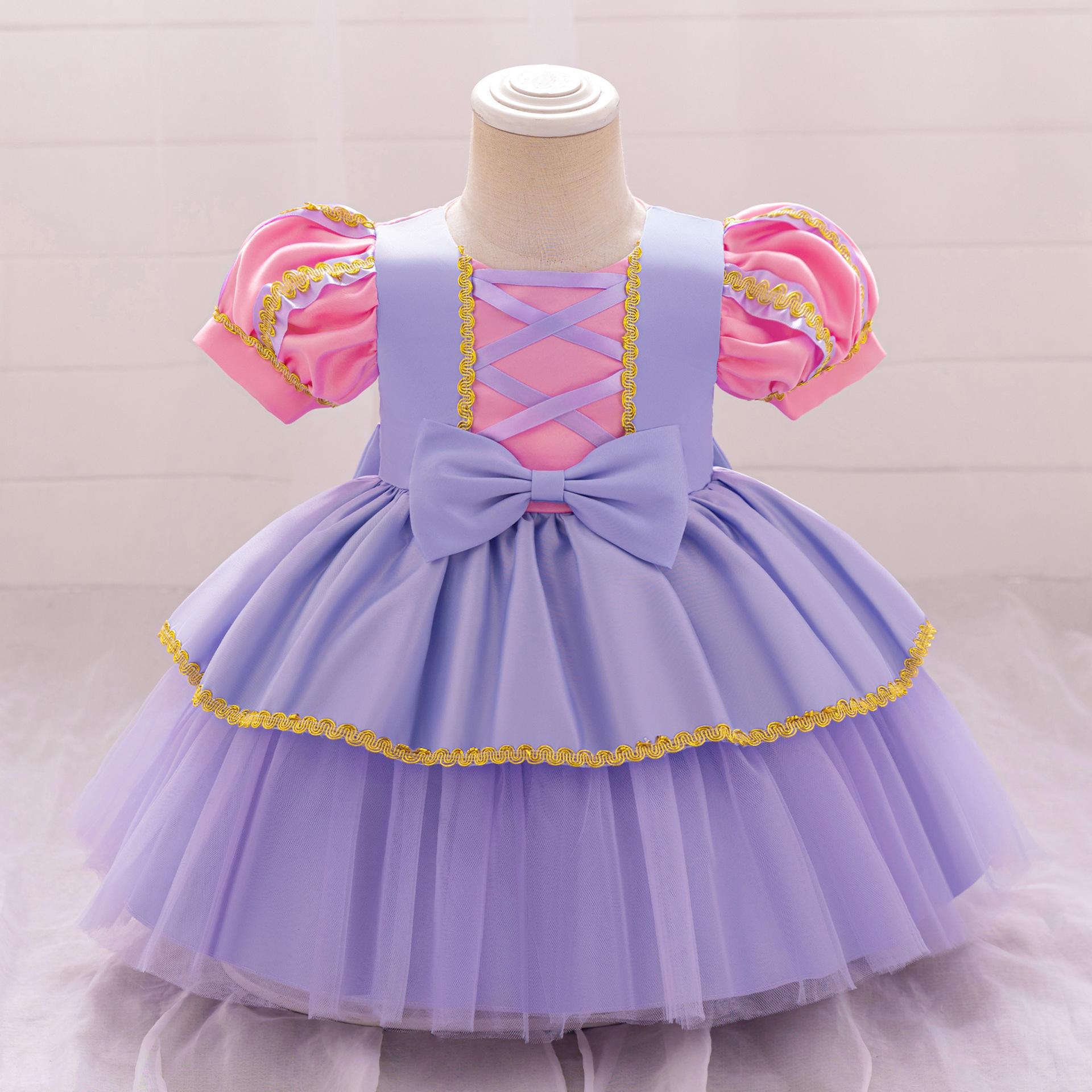 亚马逊cosplay婴幼儿童演出服拼色泡泡袖公主裙宝宝周岁生日礼服