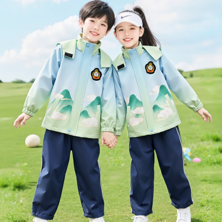 小学生校服冲锋衣国风山水画幼儿园园服三件套运动会团体儿童