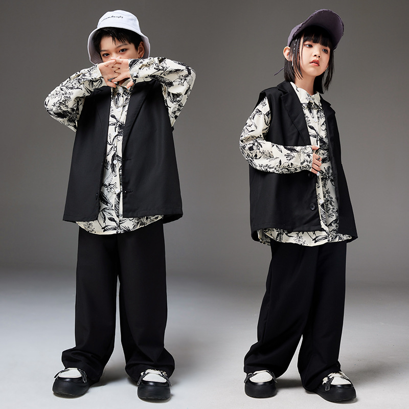 儿童街舞潮服hiphop演出西服套装女孩t台走秀马甲爵士舞表演服装