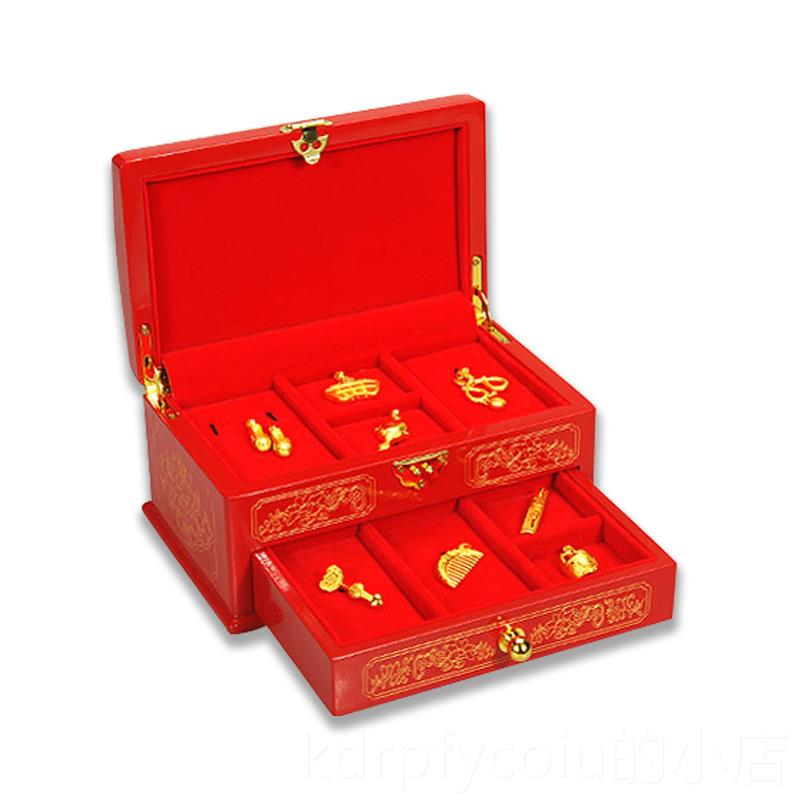 正品高大紅婚色慶九寶黃金端首飾盒婚嫁珠寶箱喜字新嫁妝八寶娘收
