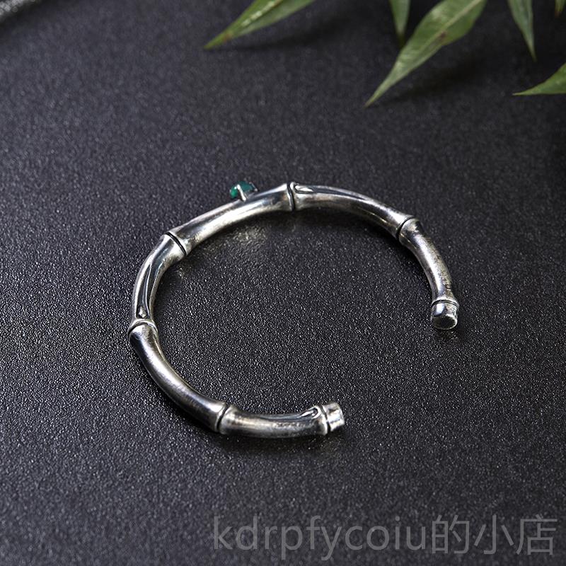 正品银镯女复古中国风做纯旧实心9知足常乐平安竹手99银情侣手镯