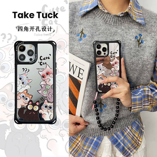 iphone16promax手机壳斜挎ins卡通疑问猫咪适用手提手腕苹果15pro防摔四角开孔13镜面磁吸银狐挂绳14带镜子