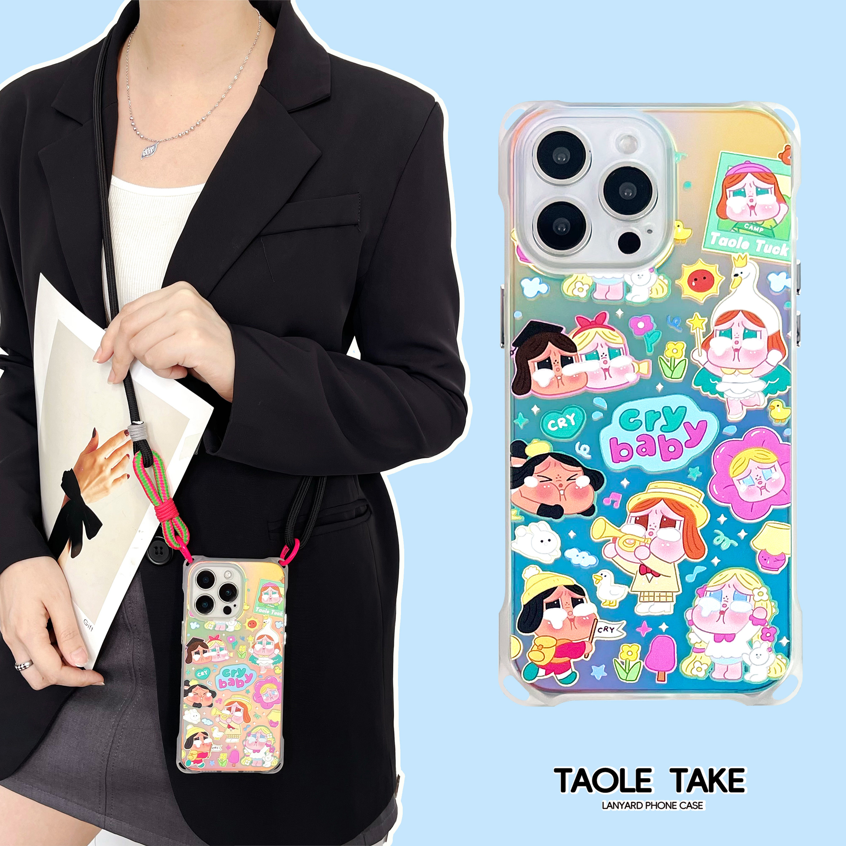 超可爱韩系哭娃手机壳带挂绳防摔