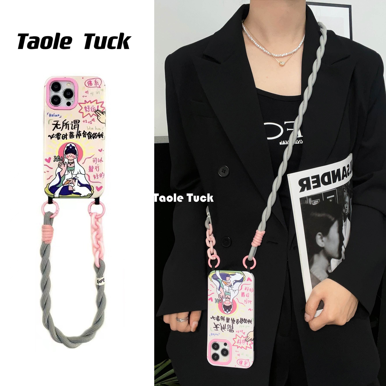 佛系菲林壳适用苹果14promax手机壳自带双挂新款iPhone14观音菩萨14plus硬壳女13保护套12防摔11带挂绳