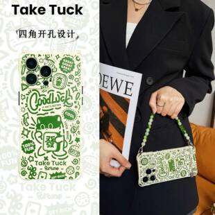 适用iphone15promax手机壳斜挂式新款发财涂鸦猫古董白16可爱搞怪挂绳mate60pro全包小米15斜跨硅胶软壳防摔