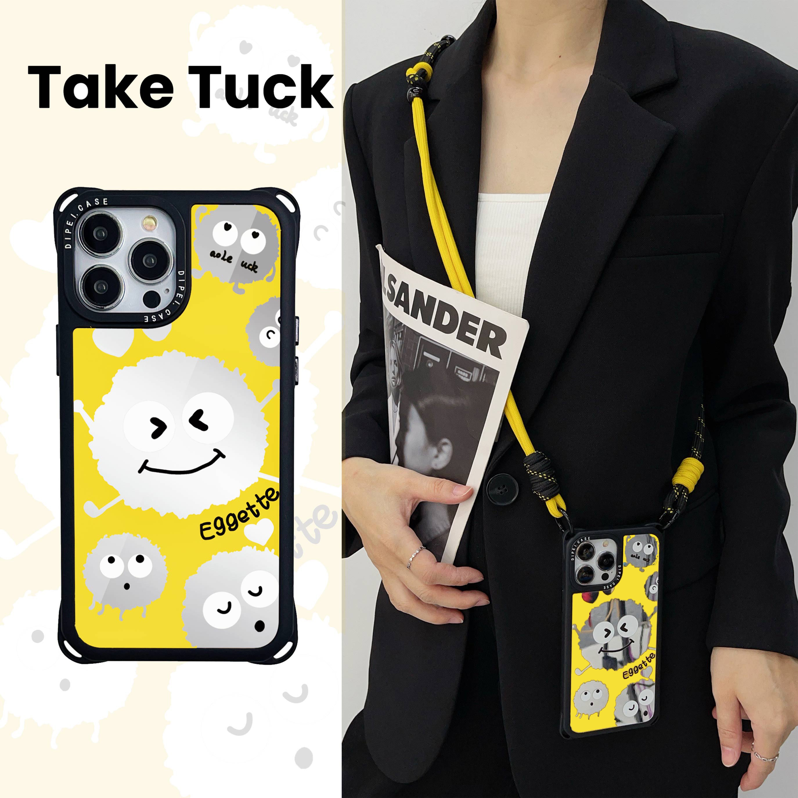 可爱微笑煤球苹果16promax手机壳黄底镜面挂绳斜挎适用15promax四角开孔硬壳防摔13Pro补妆镜高级感生日礼物,3C数码配件,手机保护套/壳,淘宝优惠券,粉丝福利购,淘宝优惠卷