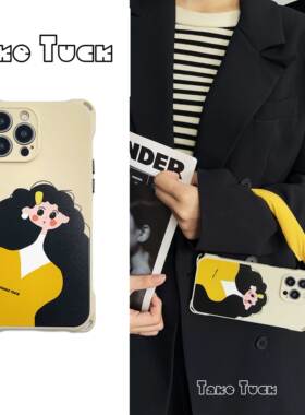 趣味黑发女孩斜挎链条白色Pura70Ultra适用苹果16Promax华为mate60Pro新款荣耀防摔vivoX100S一体挂绳手机壳